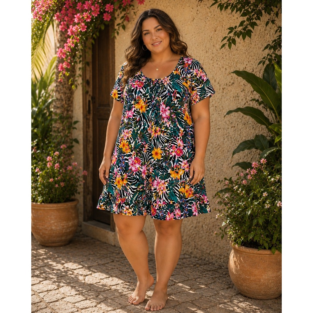 Fundamentals Womens XL Muumuu House Dress Cotton Tropical Zebra Floral Ruffle